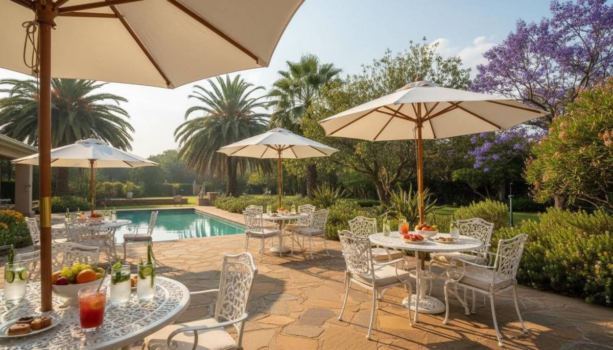 White garden tables with umbrellas and drinks