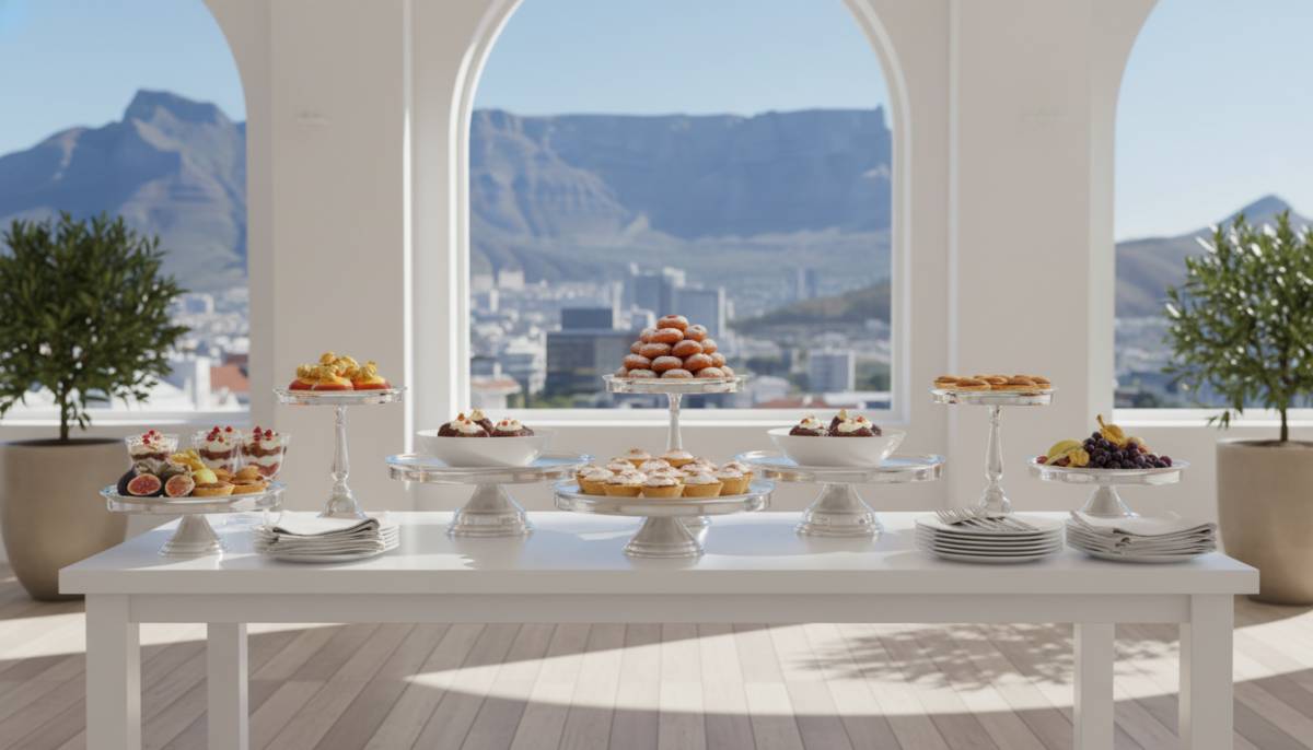White dessert table in a studio setting