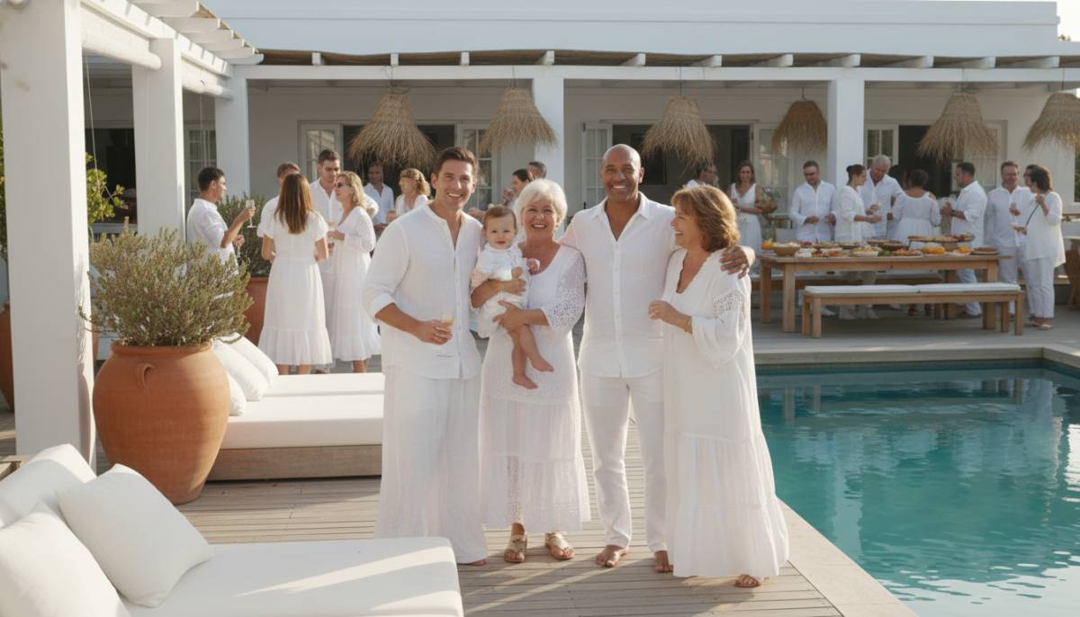 Family celebrating at a white party house