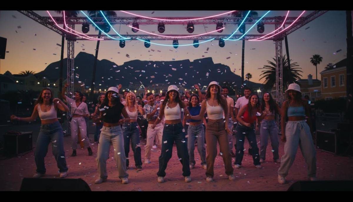 Guests dancing under pink and blue Y2K lights