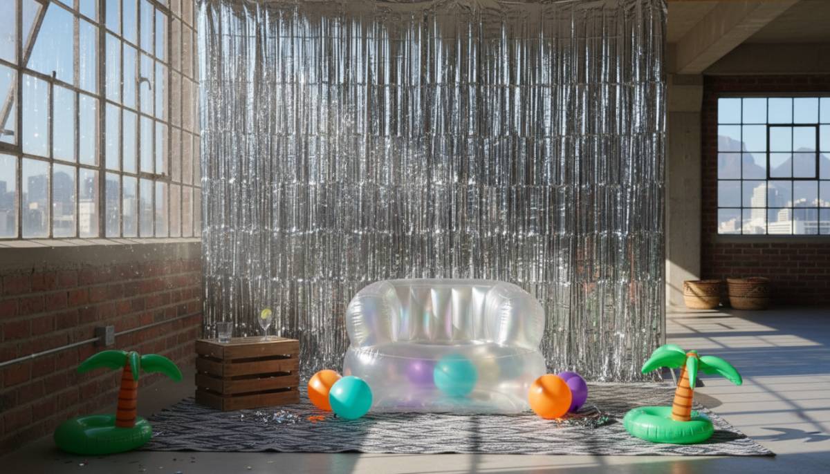Silver Y2K photo wall with inflatable chair