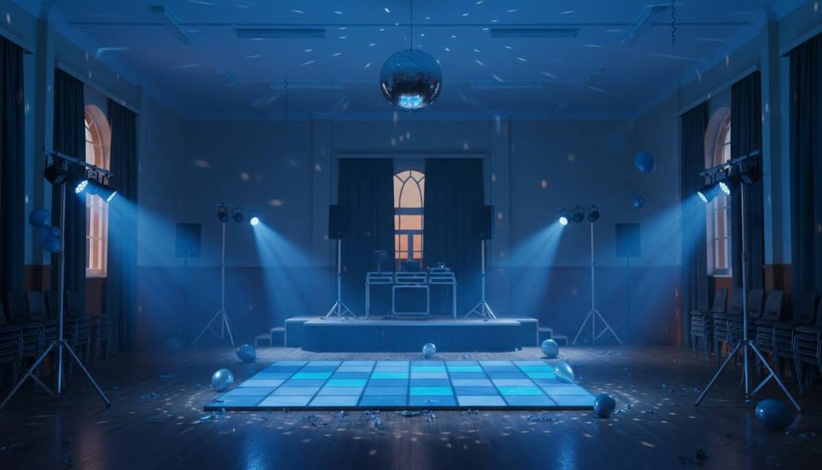 School hall with Y2K disco lighting