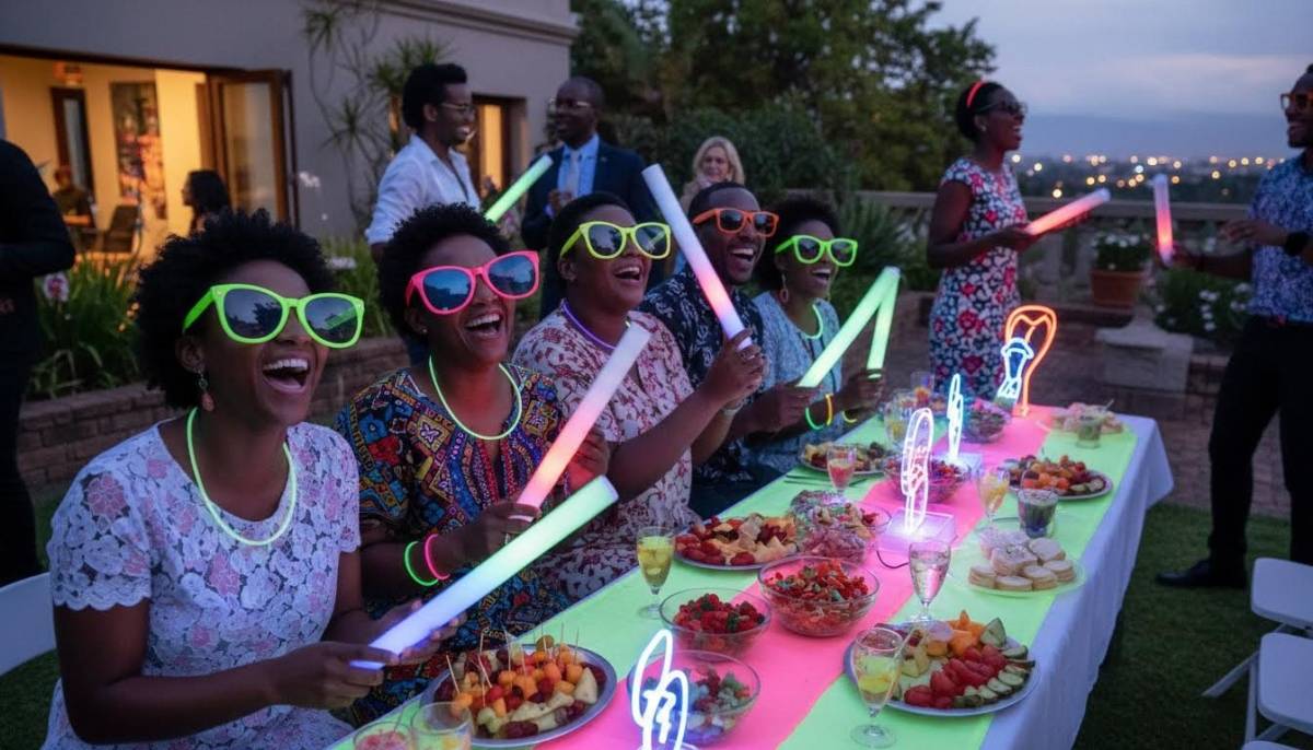 Guests wearing glow accessories at a retro party