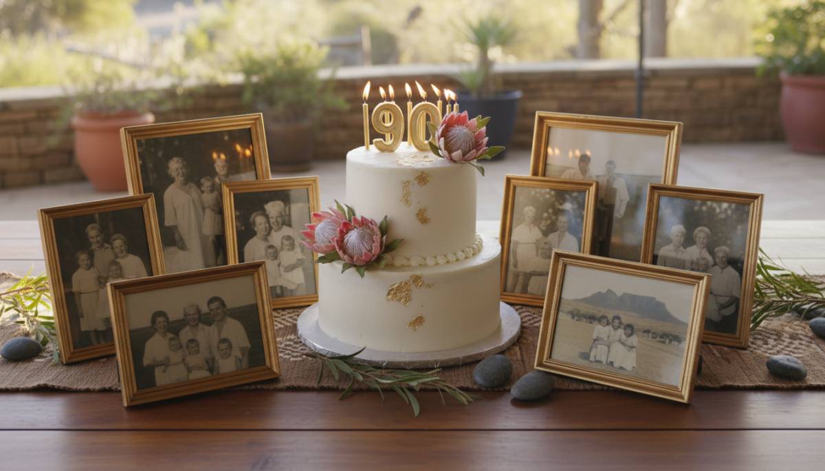 90th birthday cake with candles and family photos