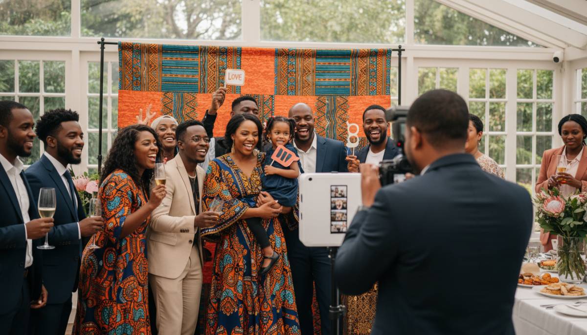 Guests taking booth photos at a celebration