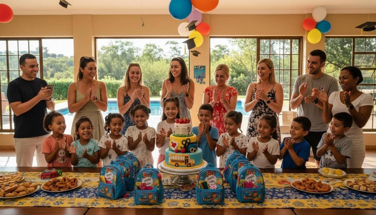 Children and family gathered around a back-to-school cake table