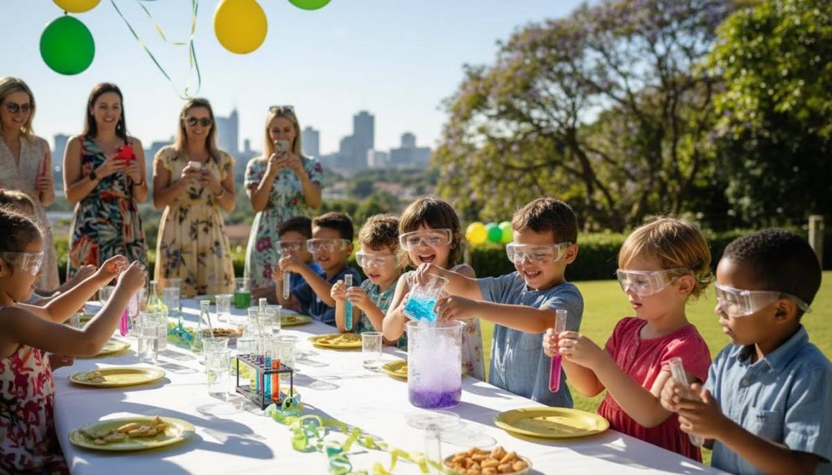 Children doing a science activity at a back-to-school party