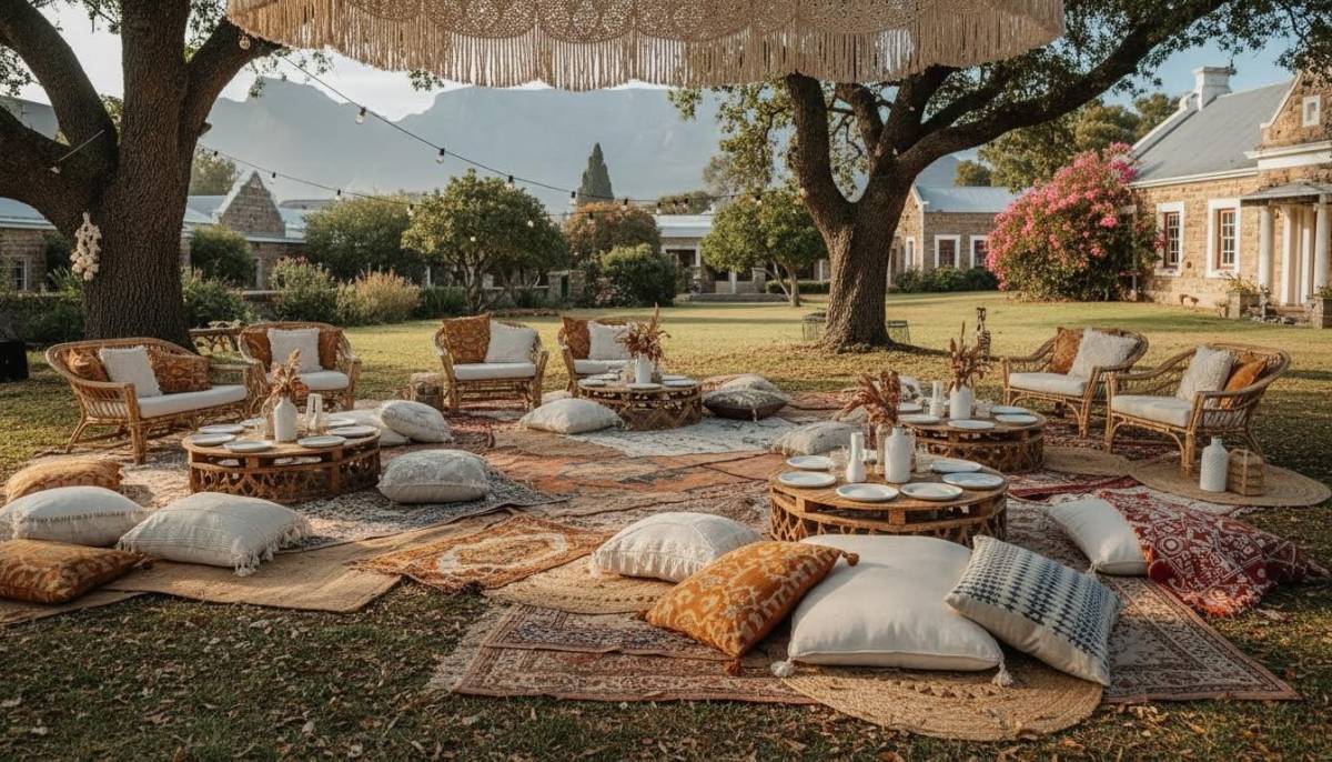 Boho picnic lounge setup with rugs and cane chairs