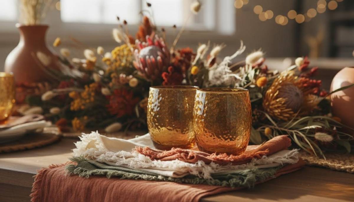 Boho table setting with amber glass and dried flowers