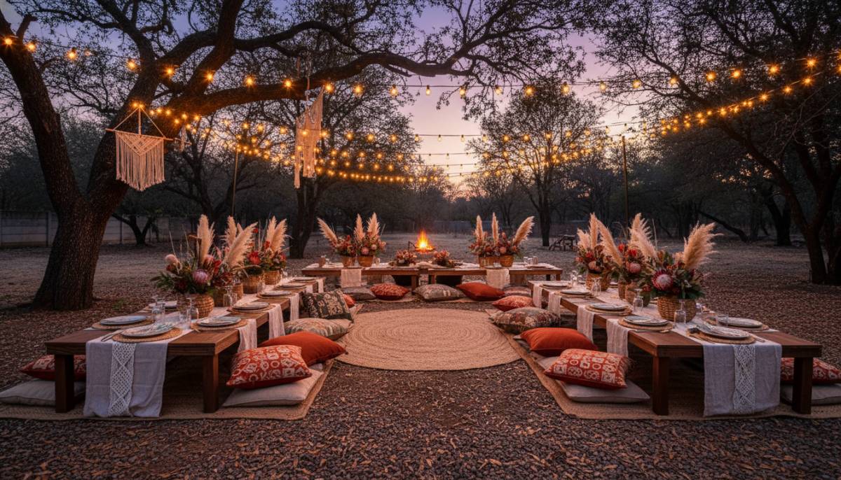Warm lights over an empty boho dinner setup