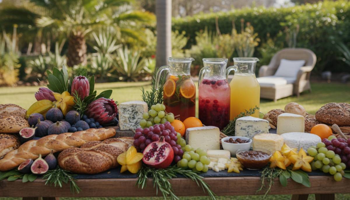 Grazing table with fruit, bread, cheese, and drinks