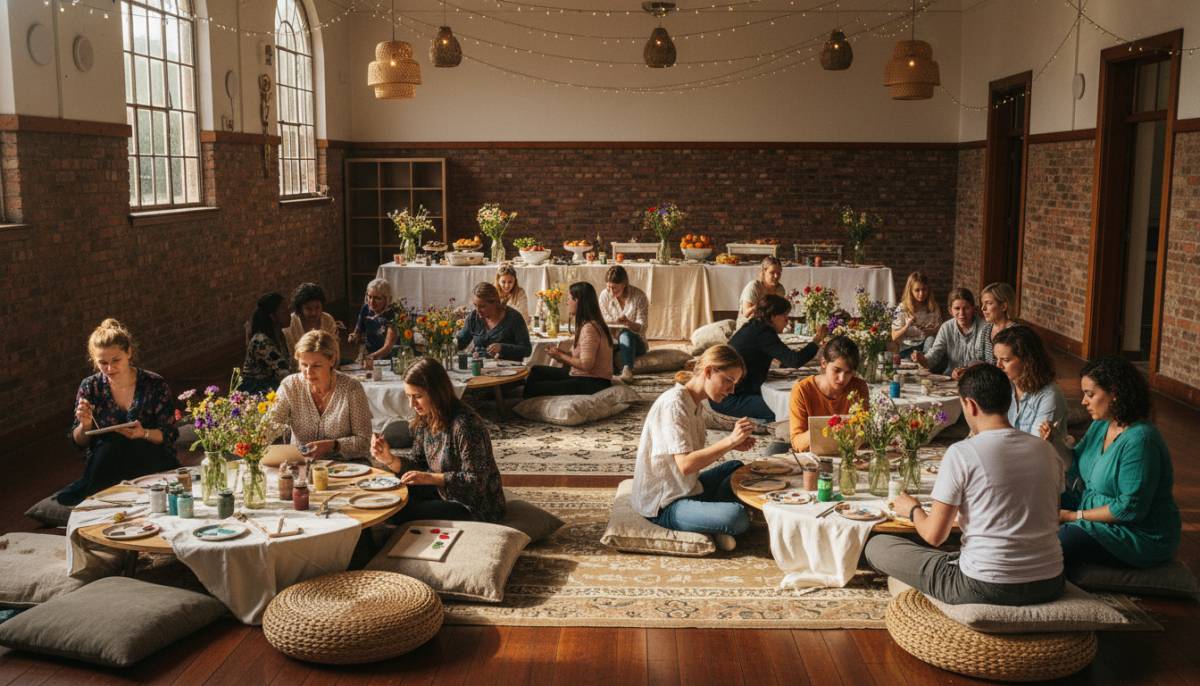 Guests doing a relaxed painting activity at a boho party