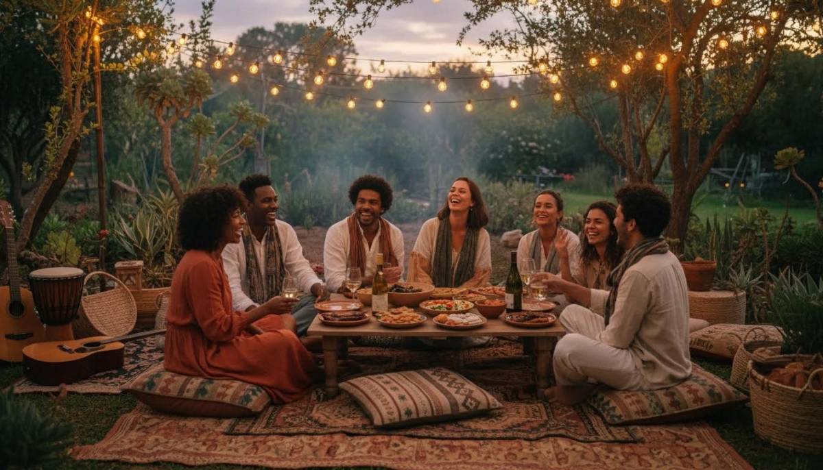Friends sitting on boho rugs under warm lights