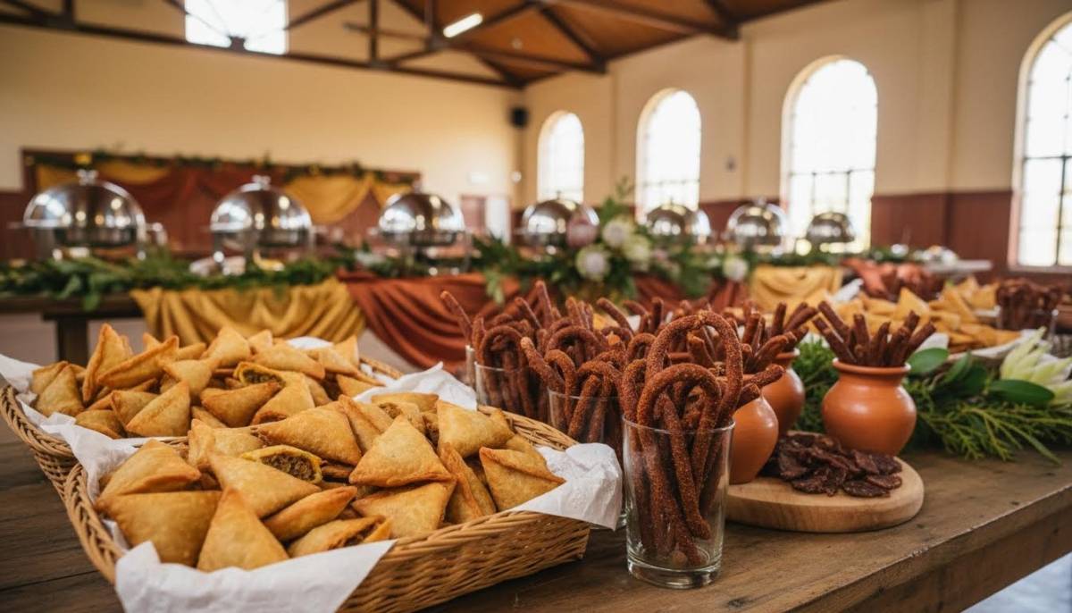 Samoosas and droewors on a party buffet