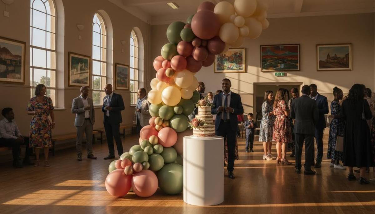 Matte balloon arch and cake plinth