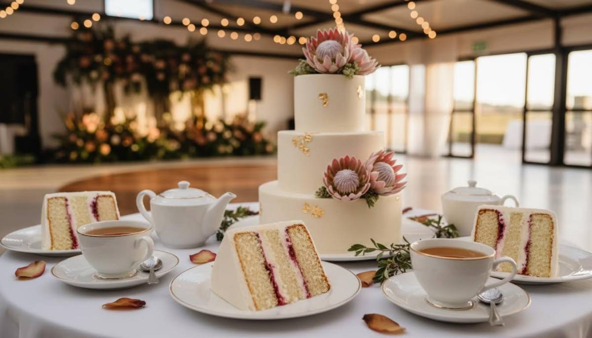 Wedding cake slices on a reception table