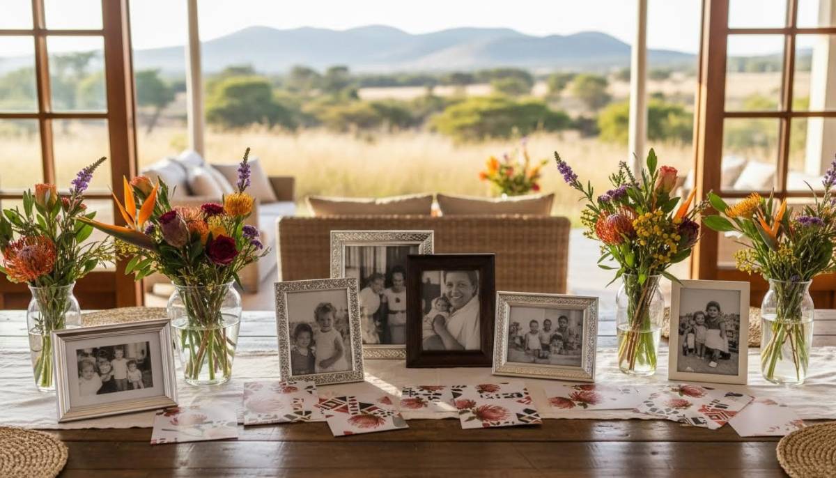 Photo table with cards and flowers