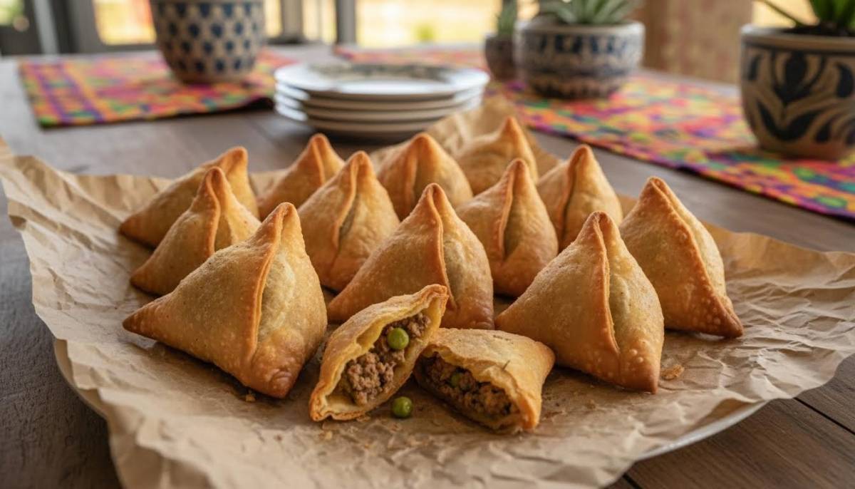Samoosas served on brown paper