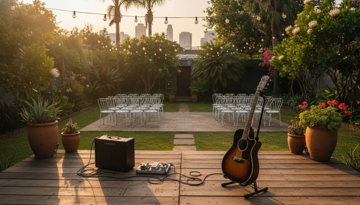 Solo guitarist setup in a garden venue