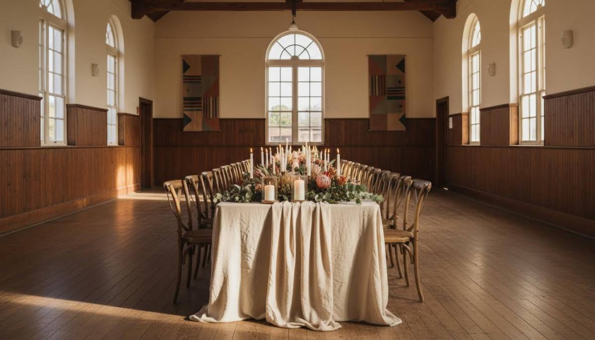 Long table setup in a school hall