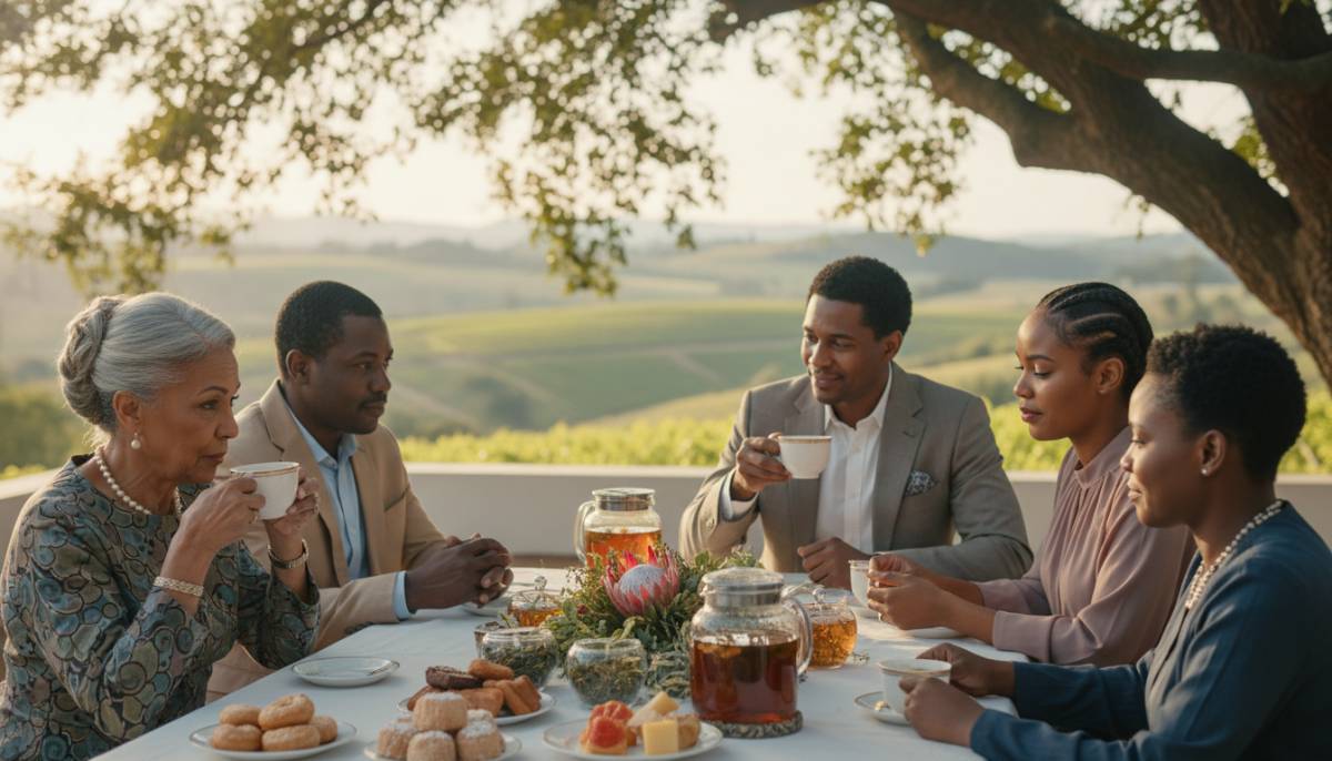Guests holding tea cups at a remembrance gathering