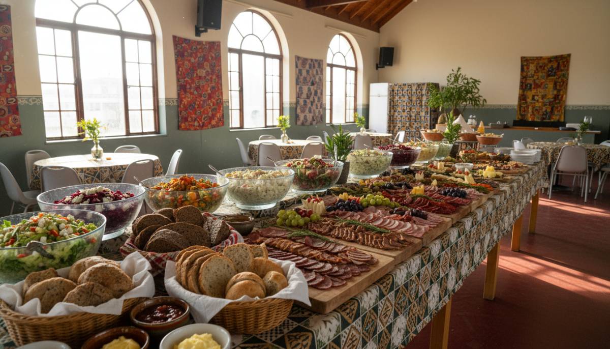 Cold buffet table in a community hall