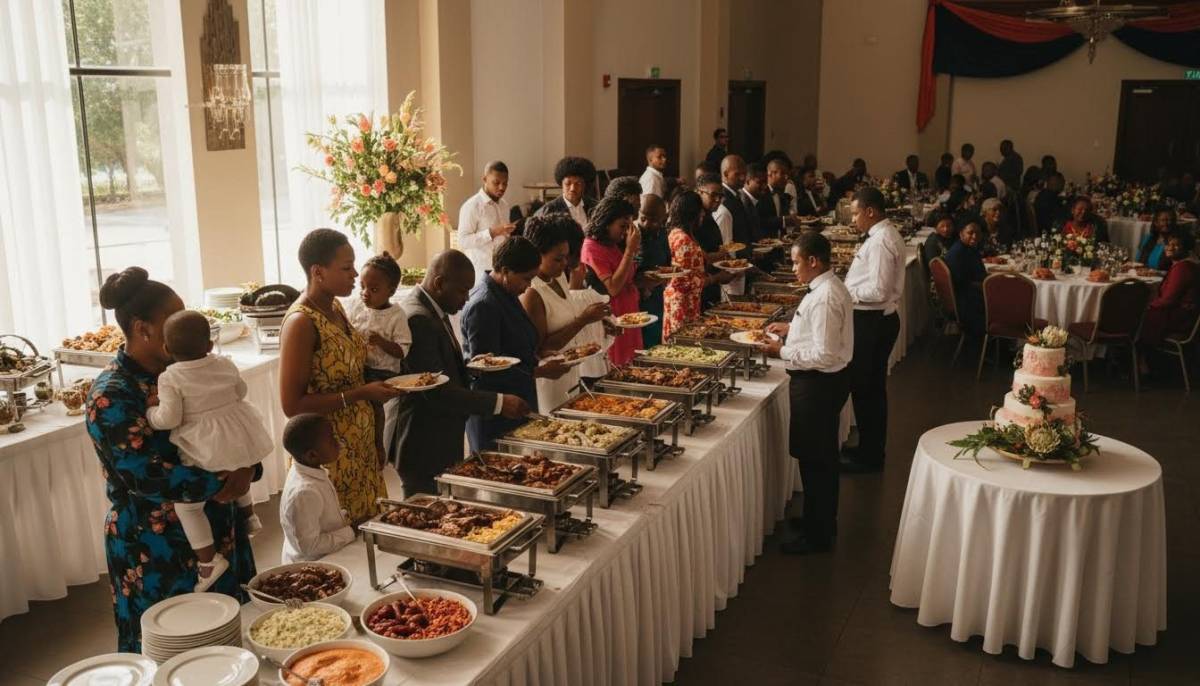Guests serving food at a celebration of life buffet