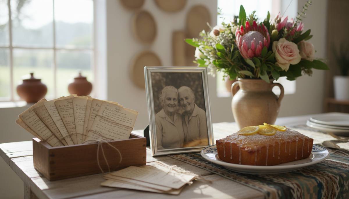 Memory table with recipe cards and lemon loaf