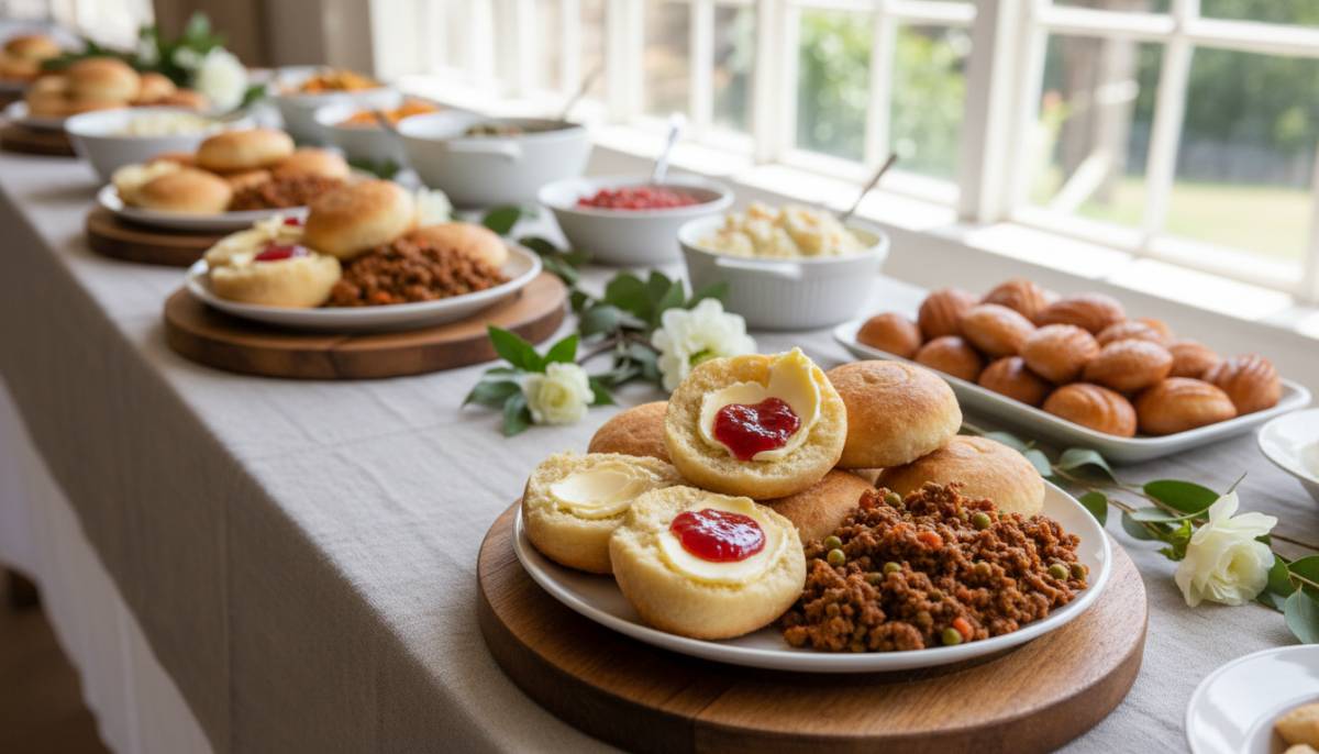 Vetkoek and savoury mince on a buffet table