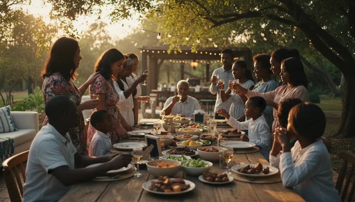 Family sharing food at a remembrance gathering