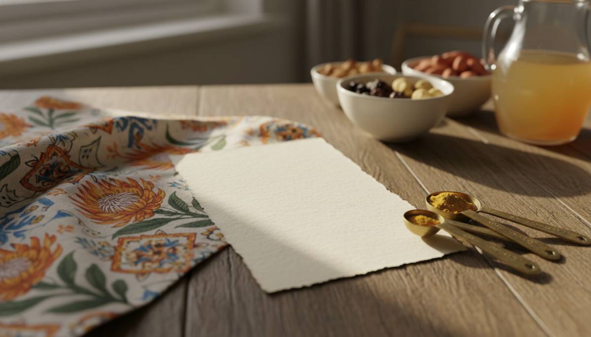 Handwritten recipe card on a kitchen cloth