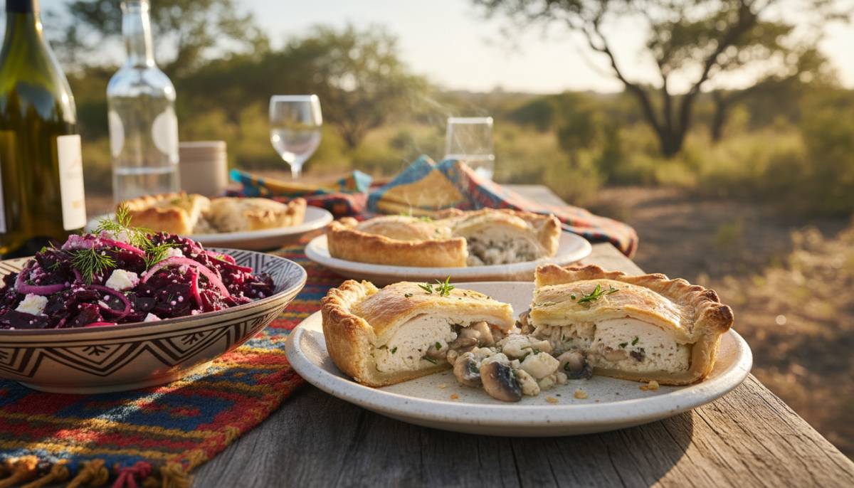 Chicken pie and beetroot salad on plates