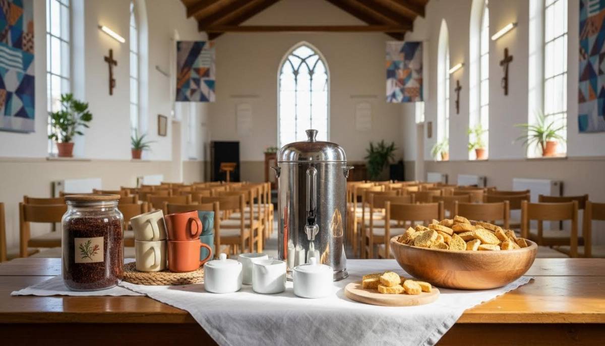 Tea station set up in a church hall