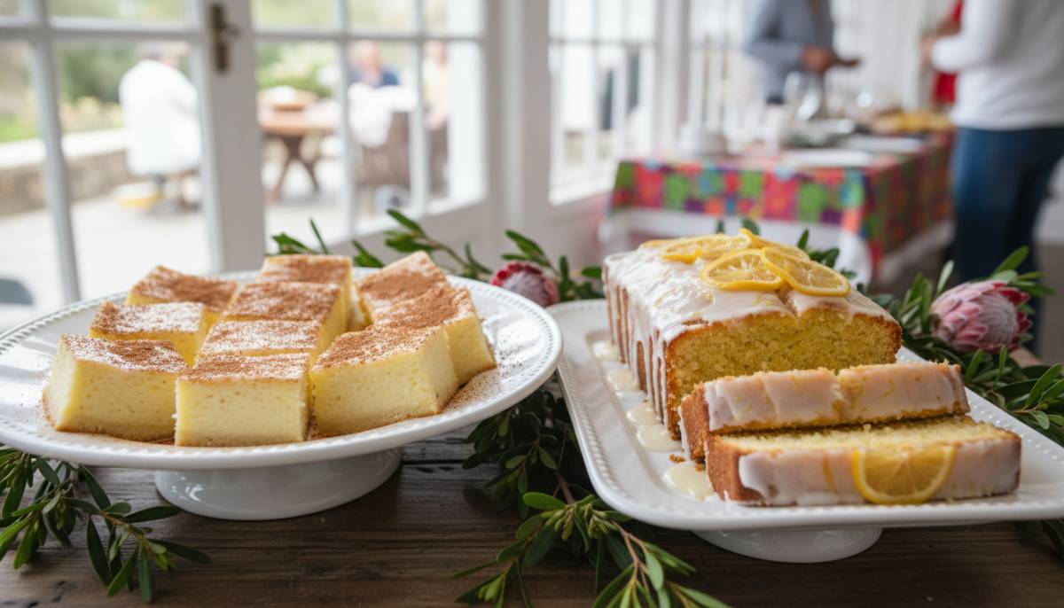 Milk tart and lemon loaf on platters
