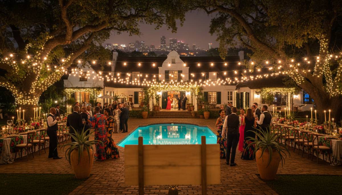 Evening celebration at a Johannesburg estate with elegant atmosphere.