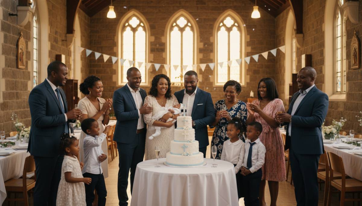 Family gathered around a christening cake