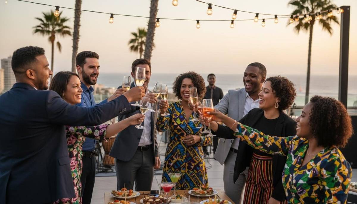 Company guests raising glasses at a function