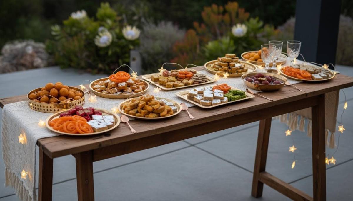 Diwali sweet table with cotton runner and brass trays
