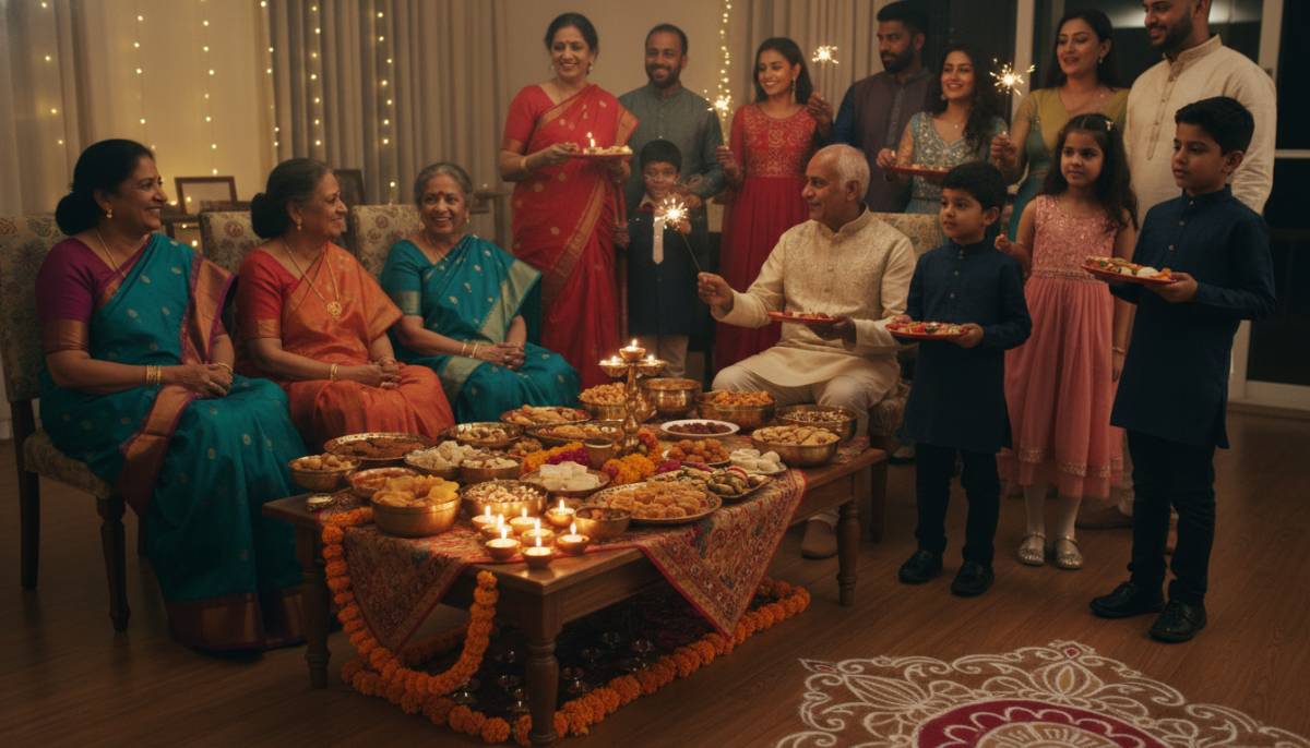 Family celebrating Diwali with snacks and sweets