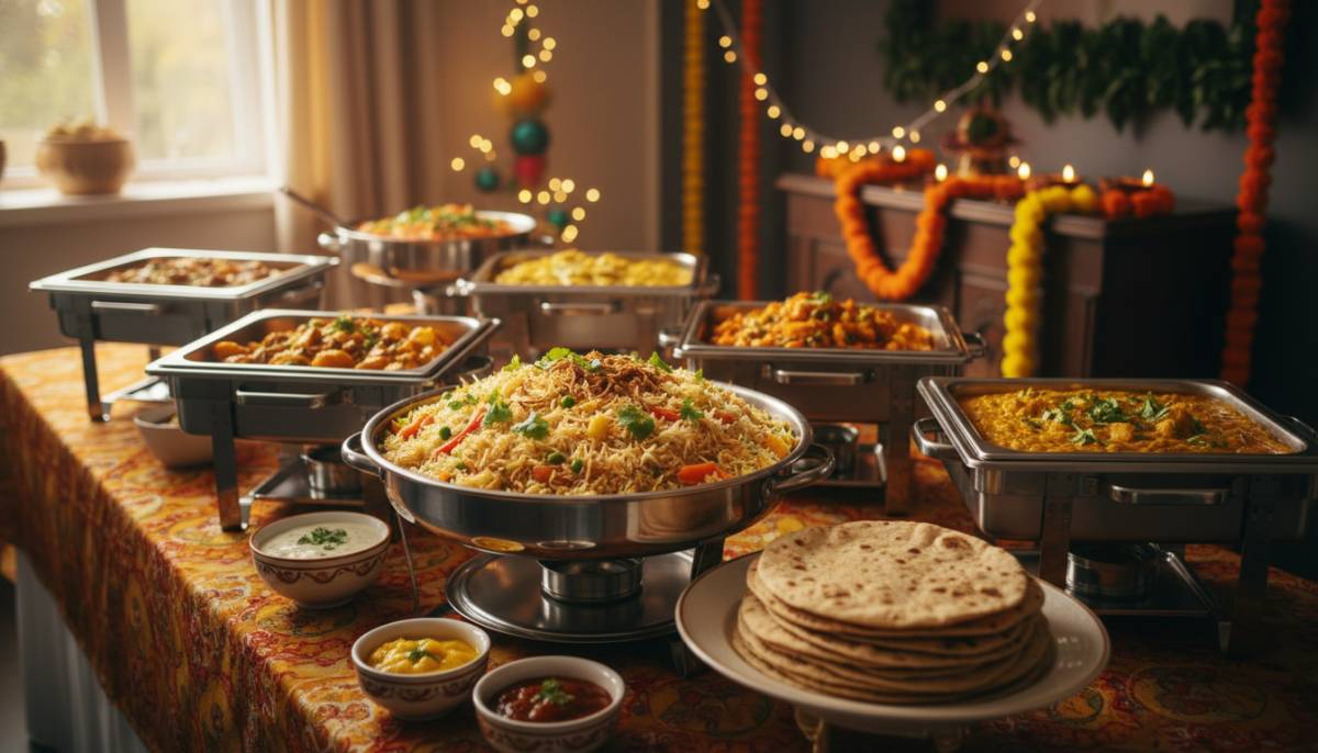 Diwali buffet with breyani dhal and roti