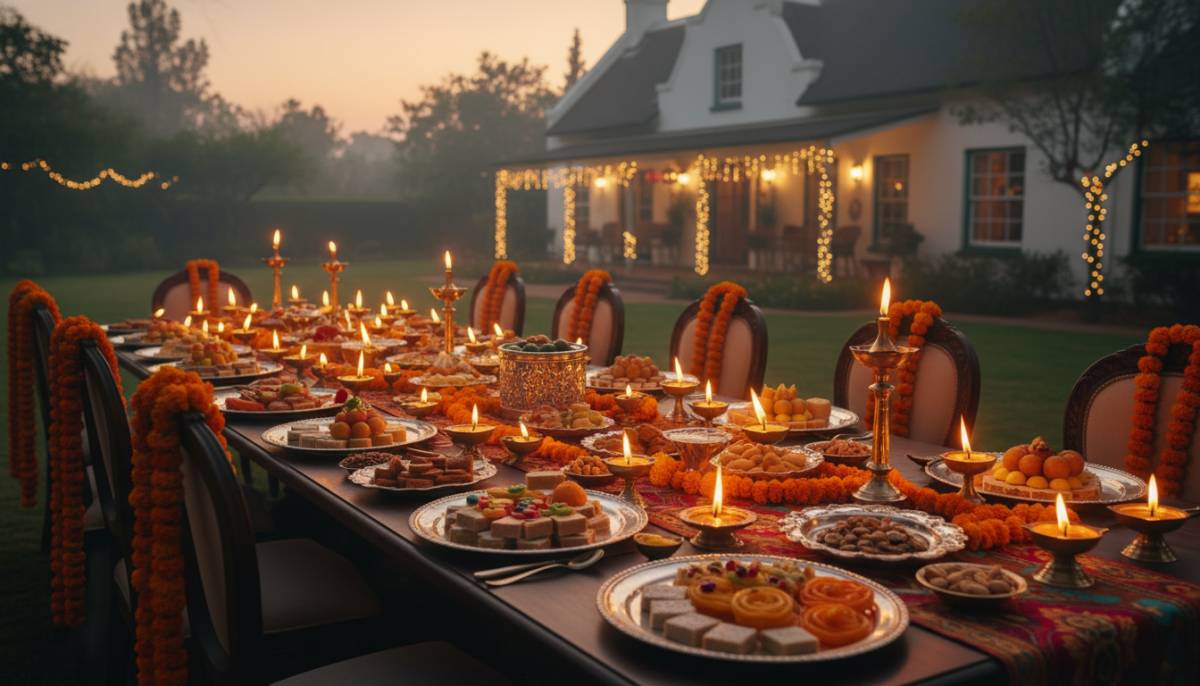 A Diwali dining table set with sweets and lamps