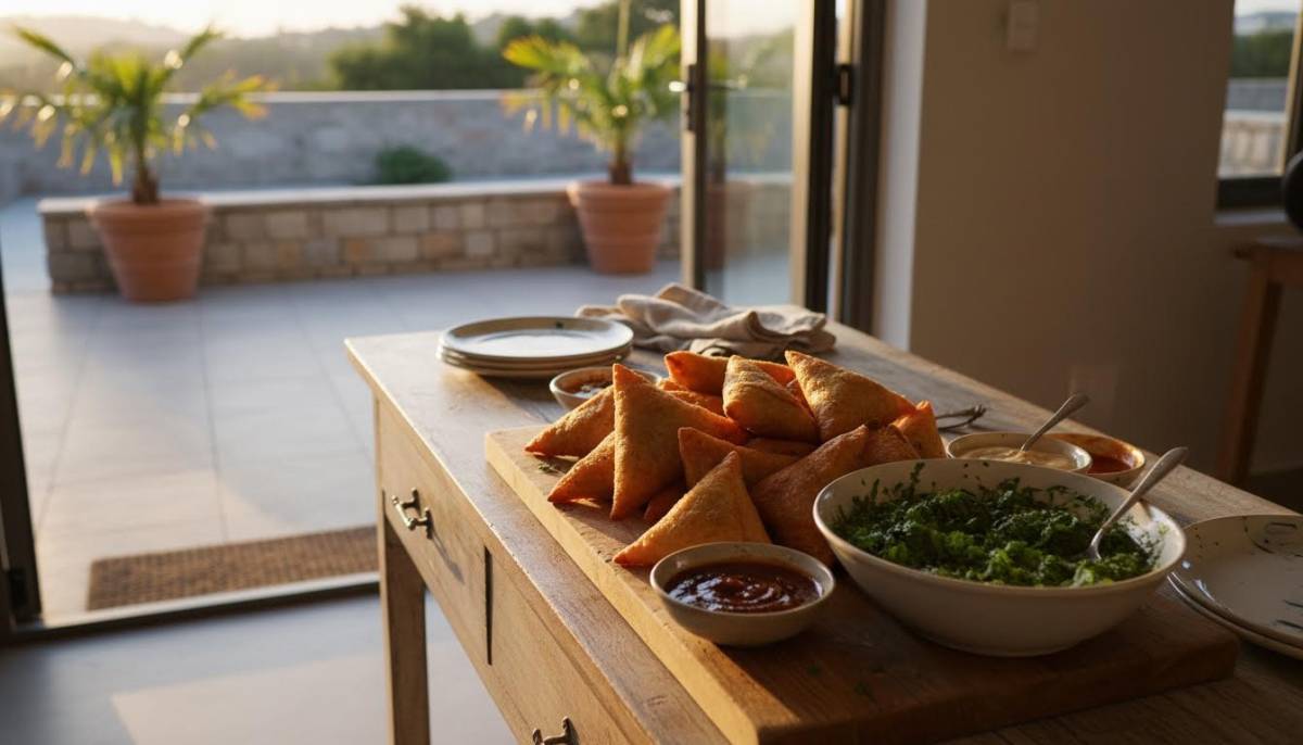 Hot samoosas served safely away from a doorway