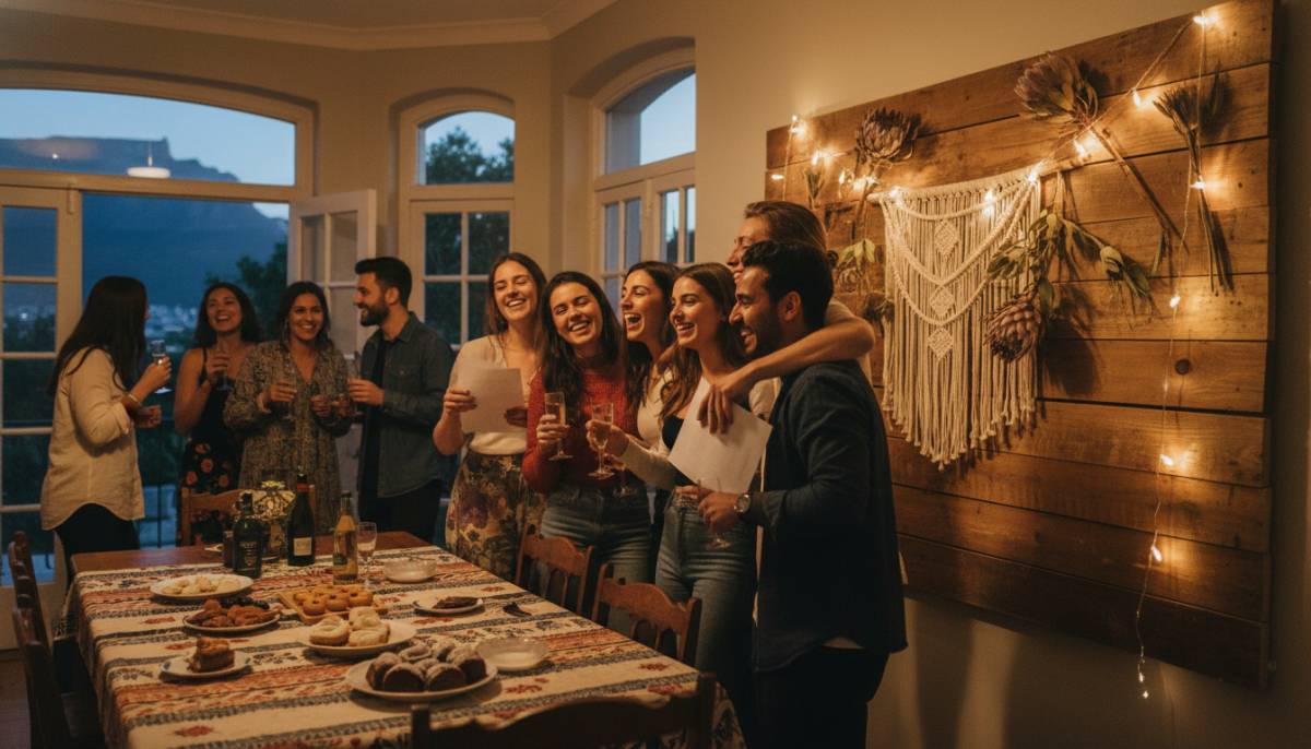 Friends celebrating exam results with DIY decor