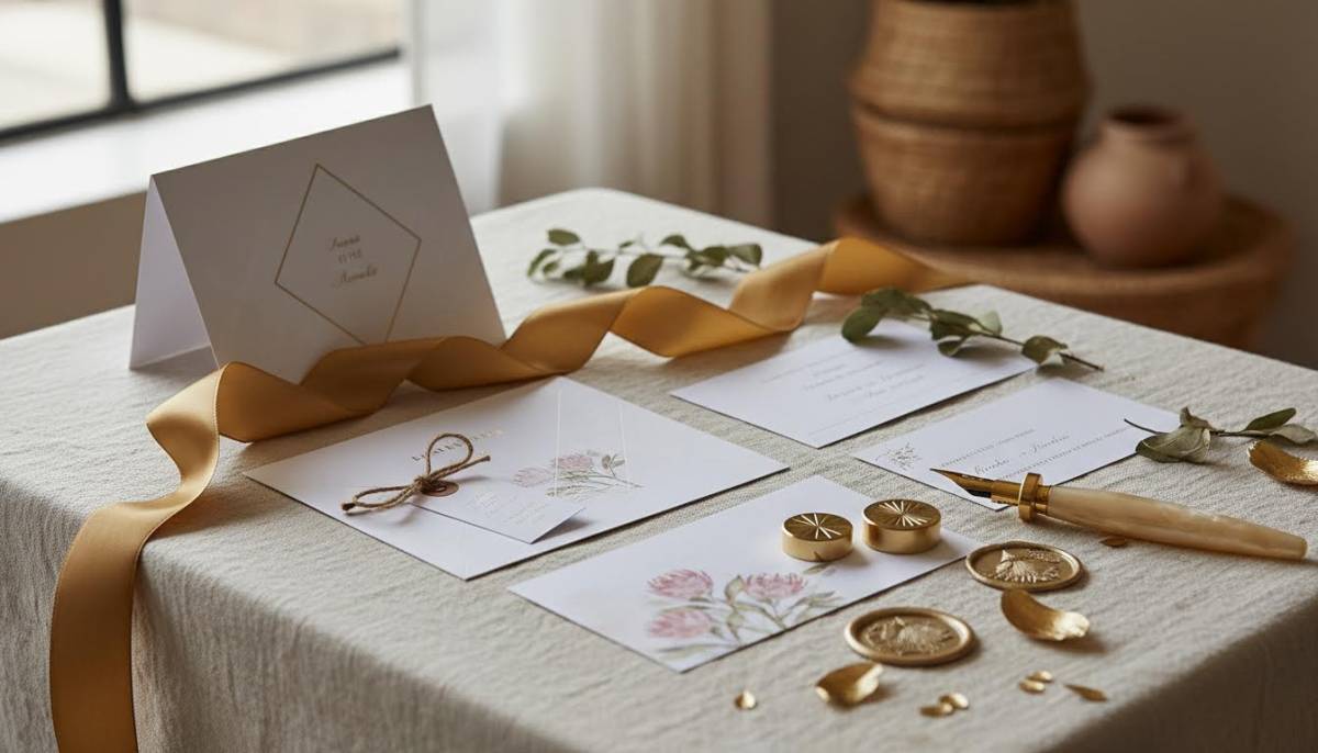 Gold ribbon and stationery table decor