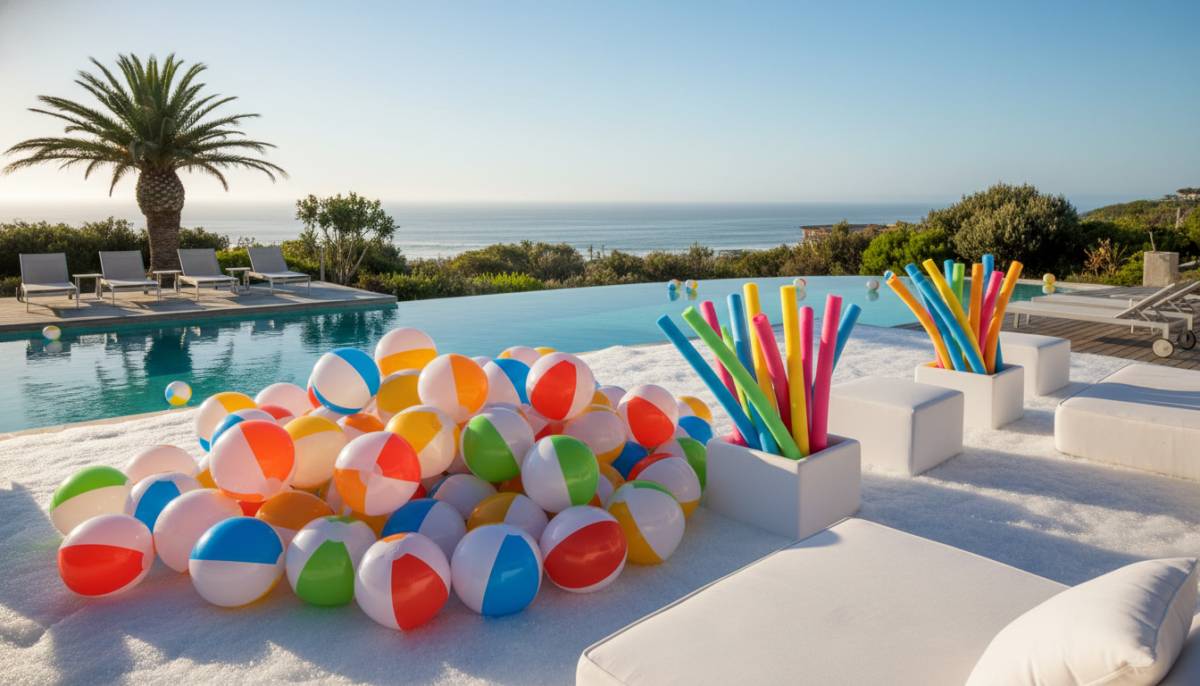 Beach balls and pool noodles for foam party styling
