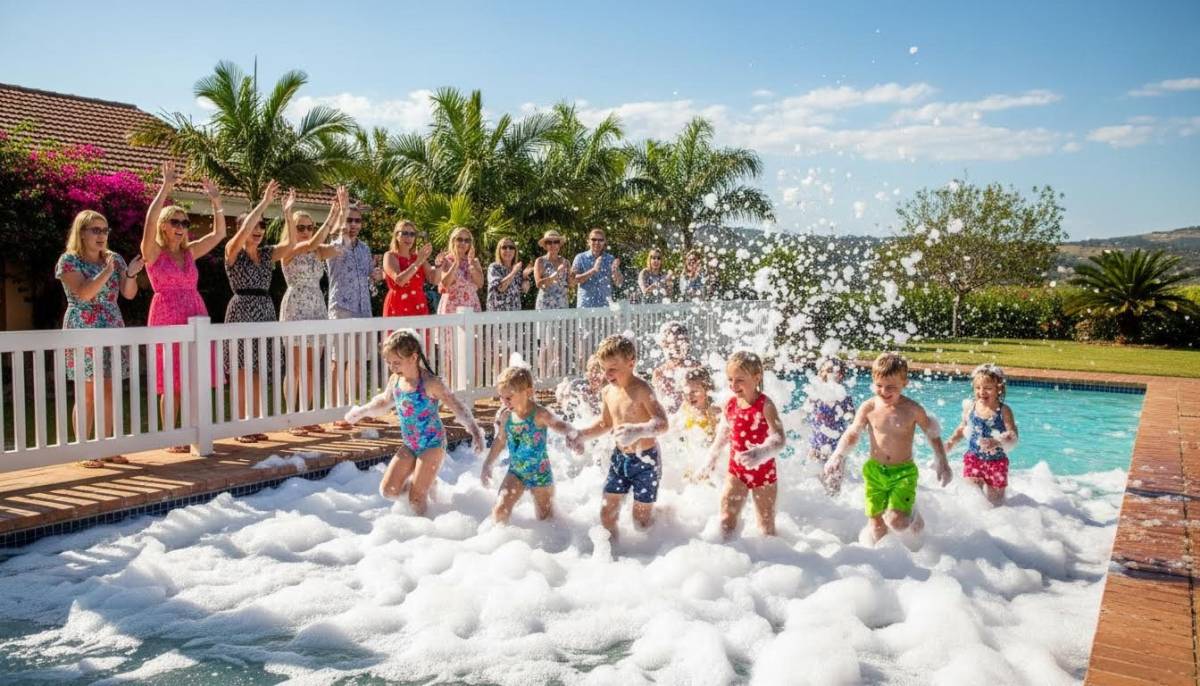 Children running through foam at a backyard party