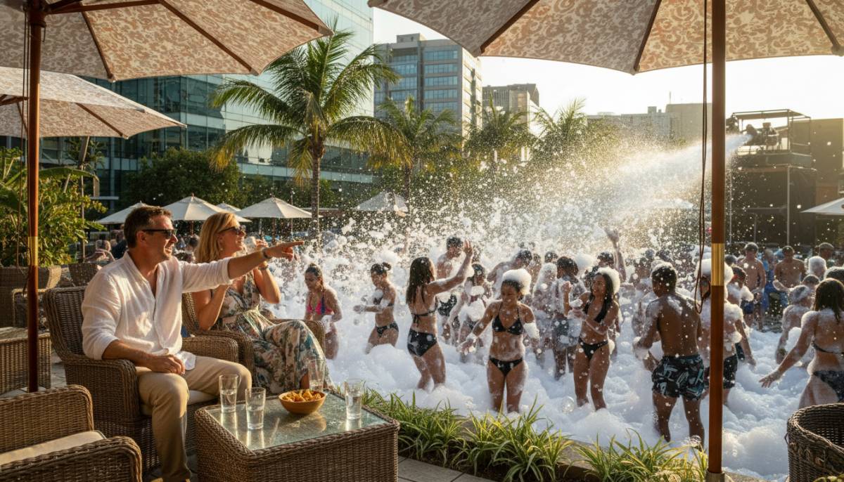 Parents watching a foam party from a dry seating area