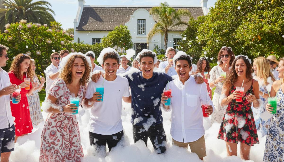 Teen guests posing during a foam party