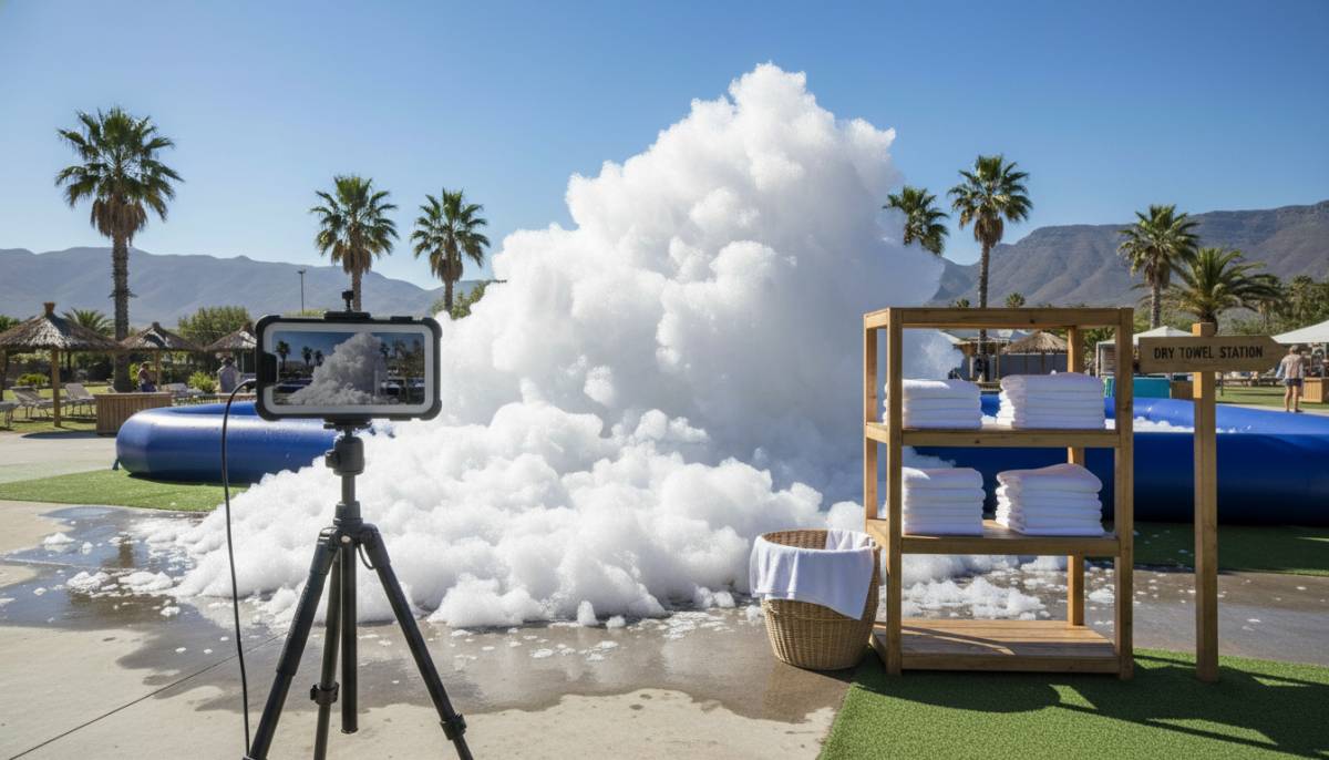 Phone tripod set up near a foam party area