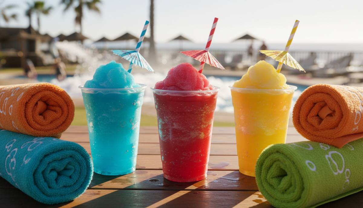 Colourful slushies and towels at a foam party